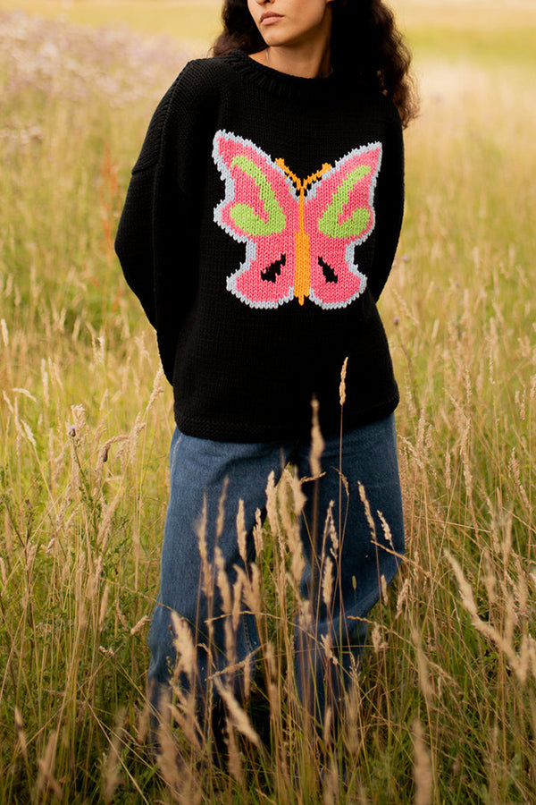 Y2K VIBES NEON BUTTERFLY KNIT LOOSE PULLOVER SWEATER