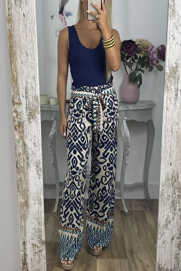 Cecilia Ethnic Print Tie Front Elastic Waist Wide Leg Pants