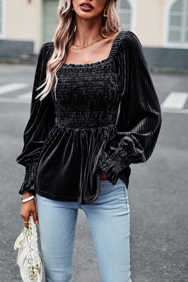 Solid Color Balloon Sleeve Commuter Long Sleeve Top