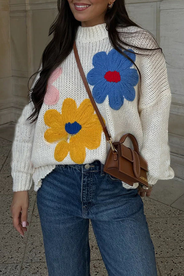 Sun Kissed Knit Colorful Floral Turtleneck Pullover Sweater