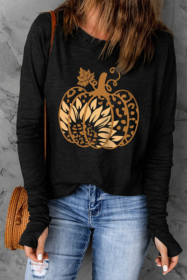 Black Sunflower Pumpkin Graphic Thumbhole Sleeve Graphic Tee