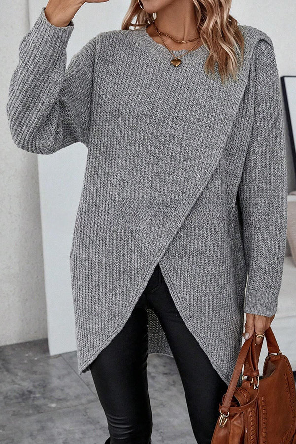 Essence Solid Wrap Hem Knitted Long Sleeve Midi Sweater