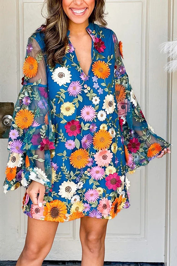 Flowers Blooming Embroidery Floral Applique Tiered Bell Sleeve Loose Mini Dress