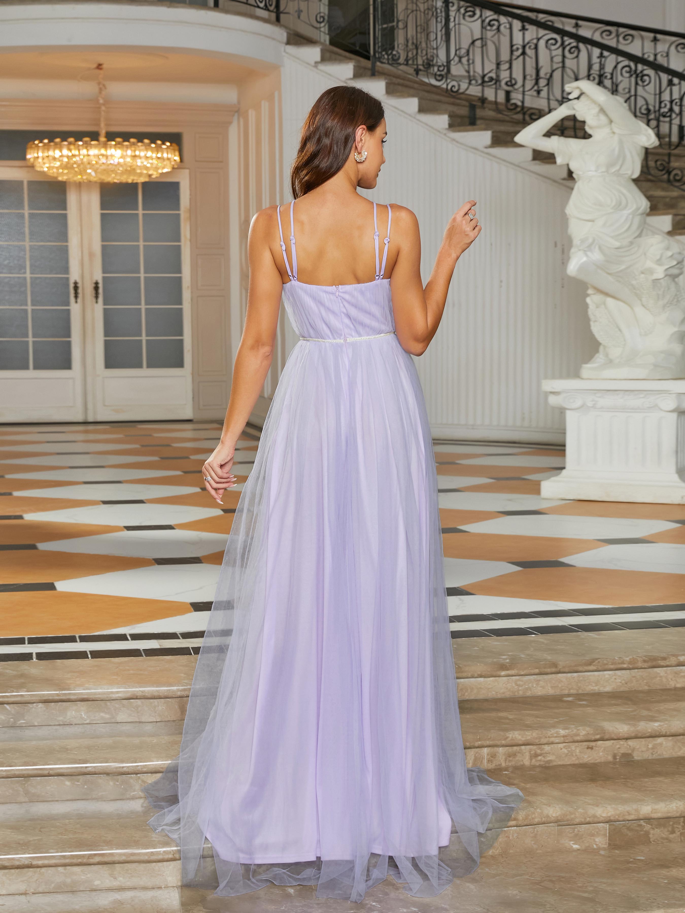 Spaghetti Straps Cut out Purple Tulle Wedding Guest Dress RJ11112