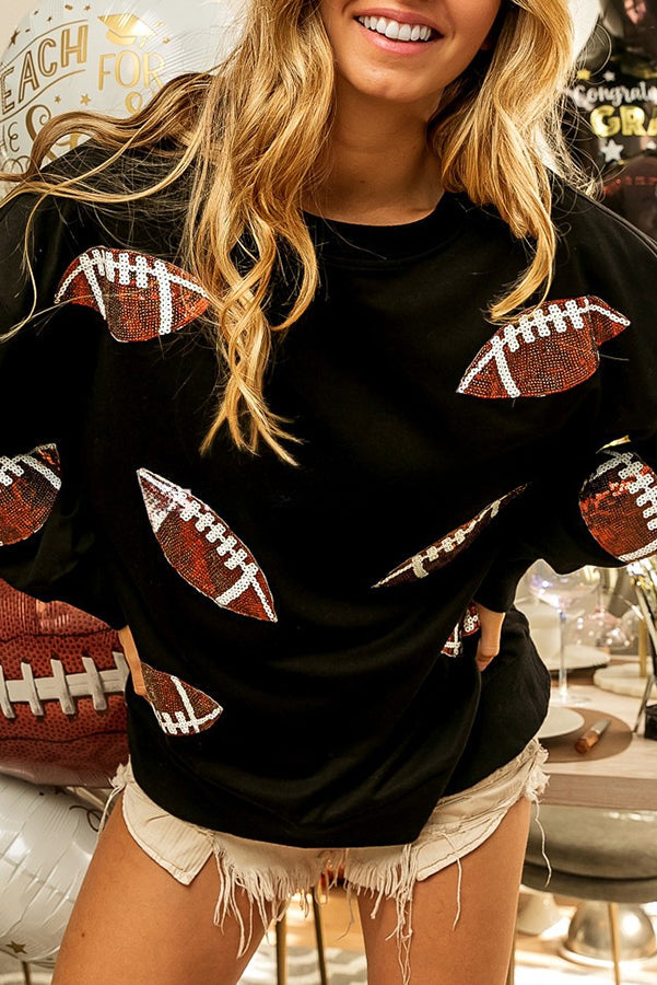 Sequin Rugby Design Round Neck Loose Sweatshirt