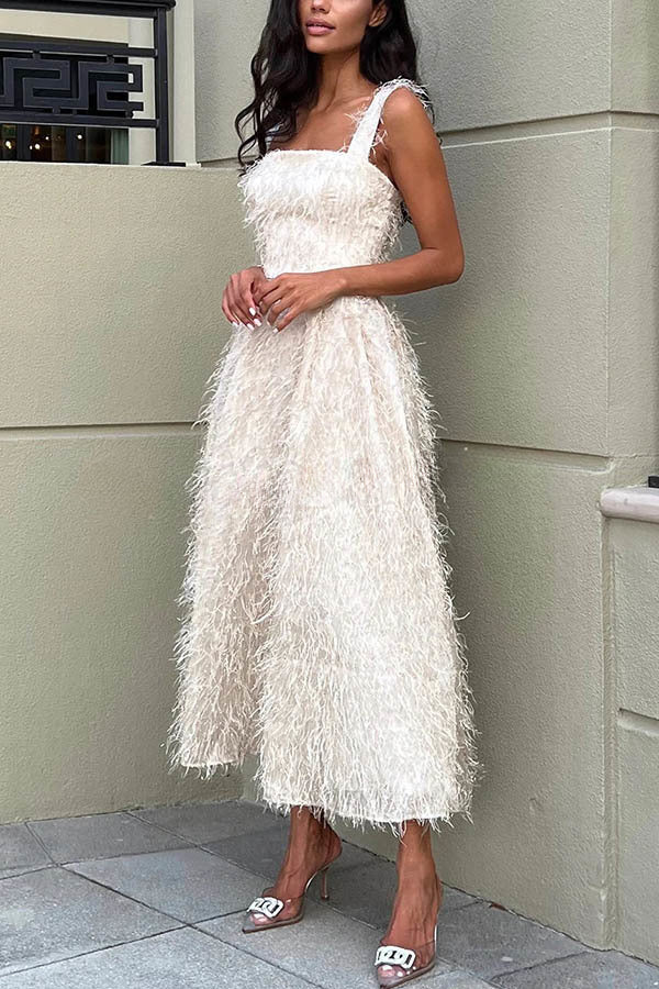 Fairy and Attractive Look Fluffy Tassel Fabric Square Neck Midi Dress