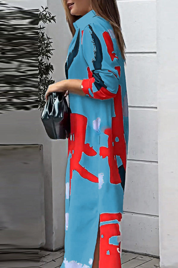 Abstract Art Print Pocket Button Long Sleeve Maxi Dress