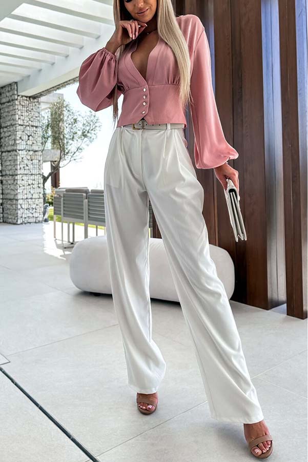 Helena V-neck Button Balloon Sleeve Blouse