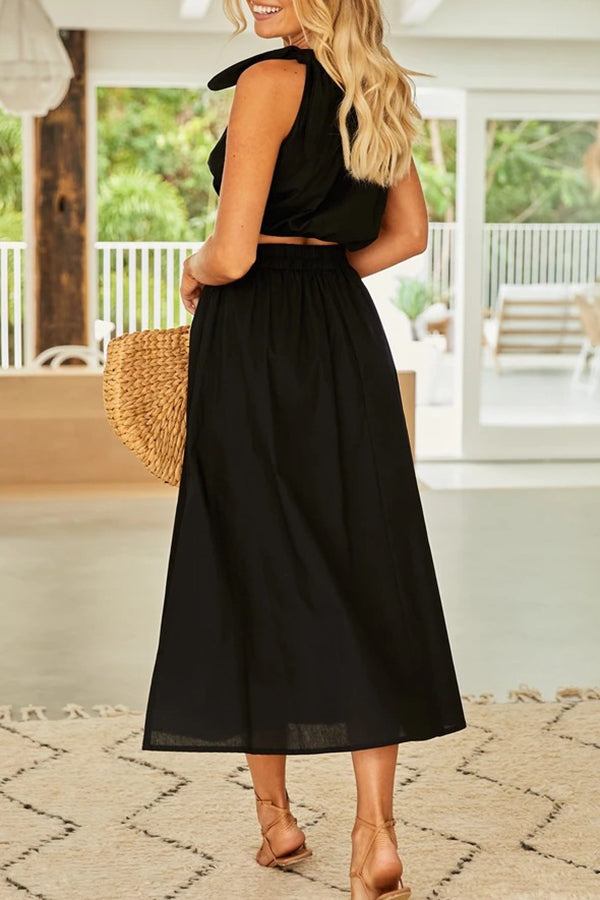 Chasing Sunshine Tie One Shoulder Pocketed Midi Skirt Set