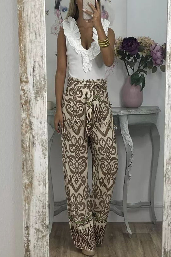 Cecilia Ethnic Print Tie Front Elastic Waist Wide Leg Pants