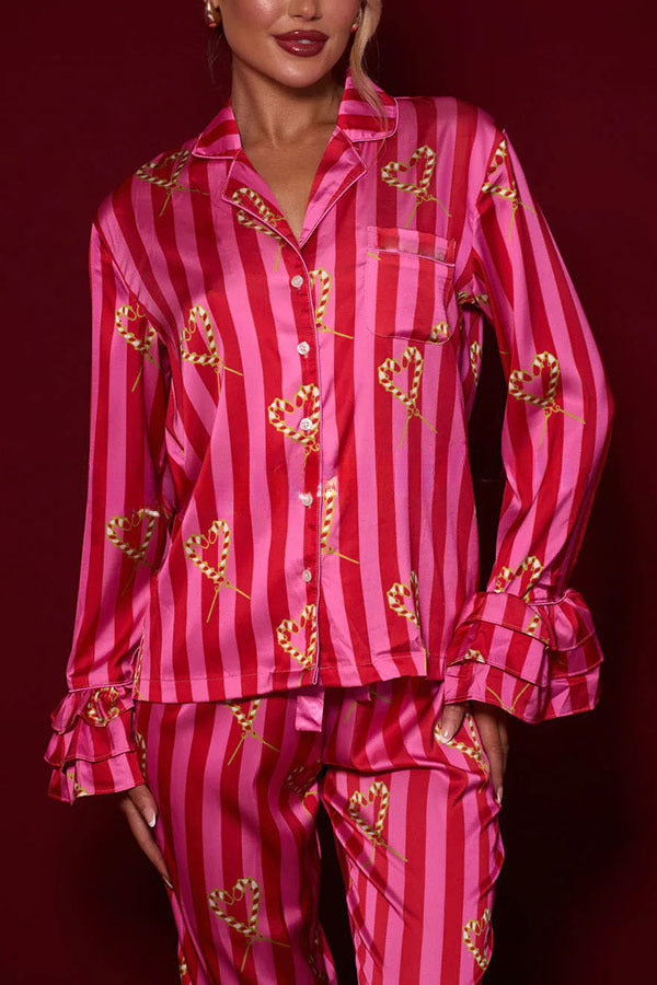 Festive Season Long Candy Stripe Tiered Bell Cuffs Elastic Waist Pocketed Pajama Set