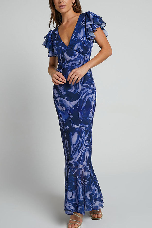 Lover By Day Swirl Pattern Flutter Sleeve Maxi Dress