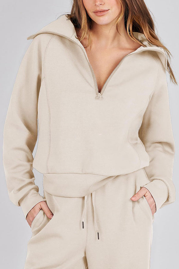 Comfy and Cute Zipper Pullover and Elastic Waist Pocket Lounge Pants Suit