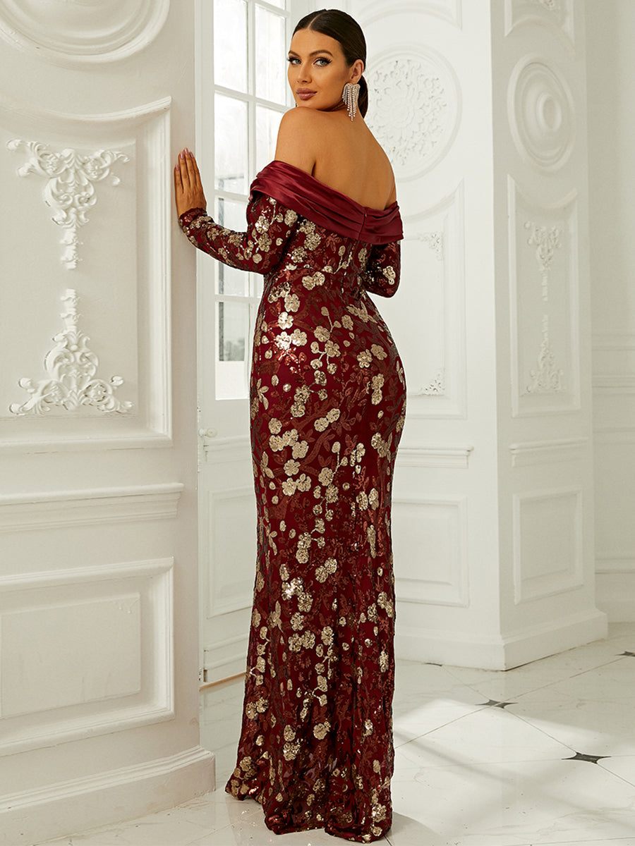 Sequin Floral Pattern Off Shoulder Floor Length Formal Dress XH2192