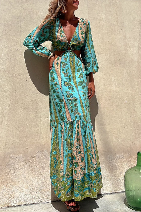 Surprised By You Printed Side Cutout Elastic Waist Maxi Dress