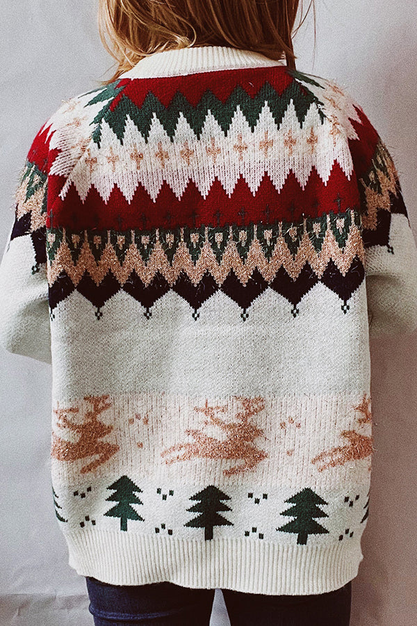 Christmas Pattern Knitted Crew Neck Long Sleeved Sweater