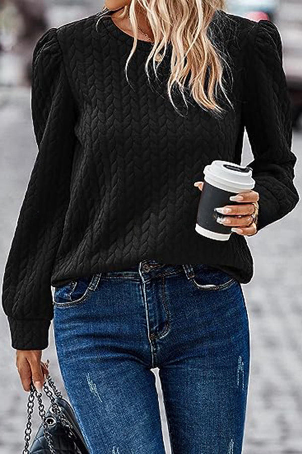 Puff Sleeve Pleated Crewneck Sweatshirt