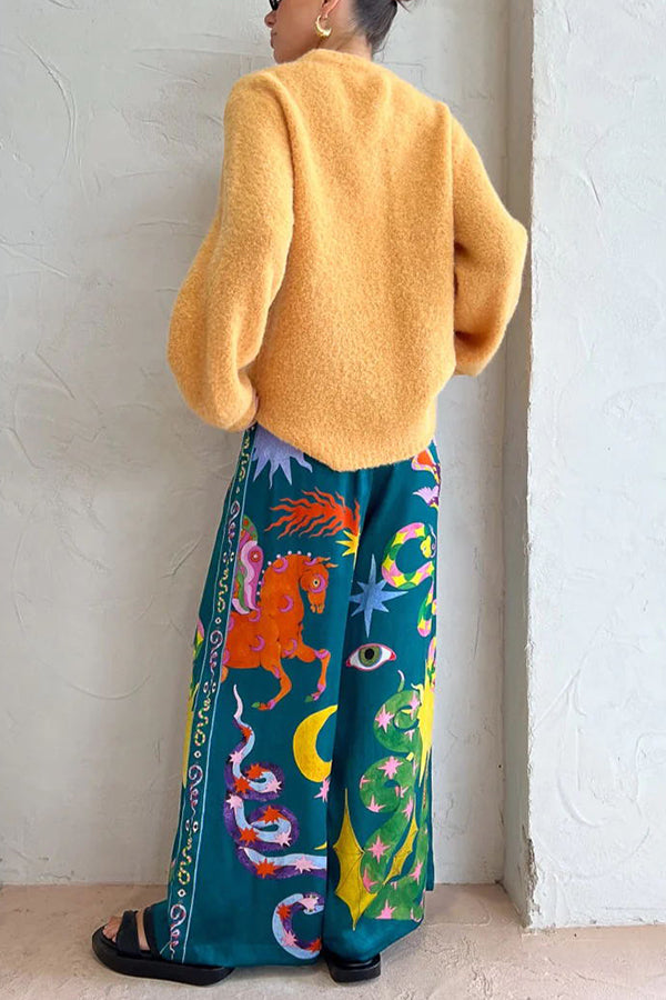 Pierson Linen Blend Unique Print Elastic Waist Pocketed Wide Leg Pants