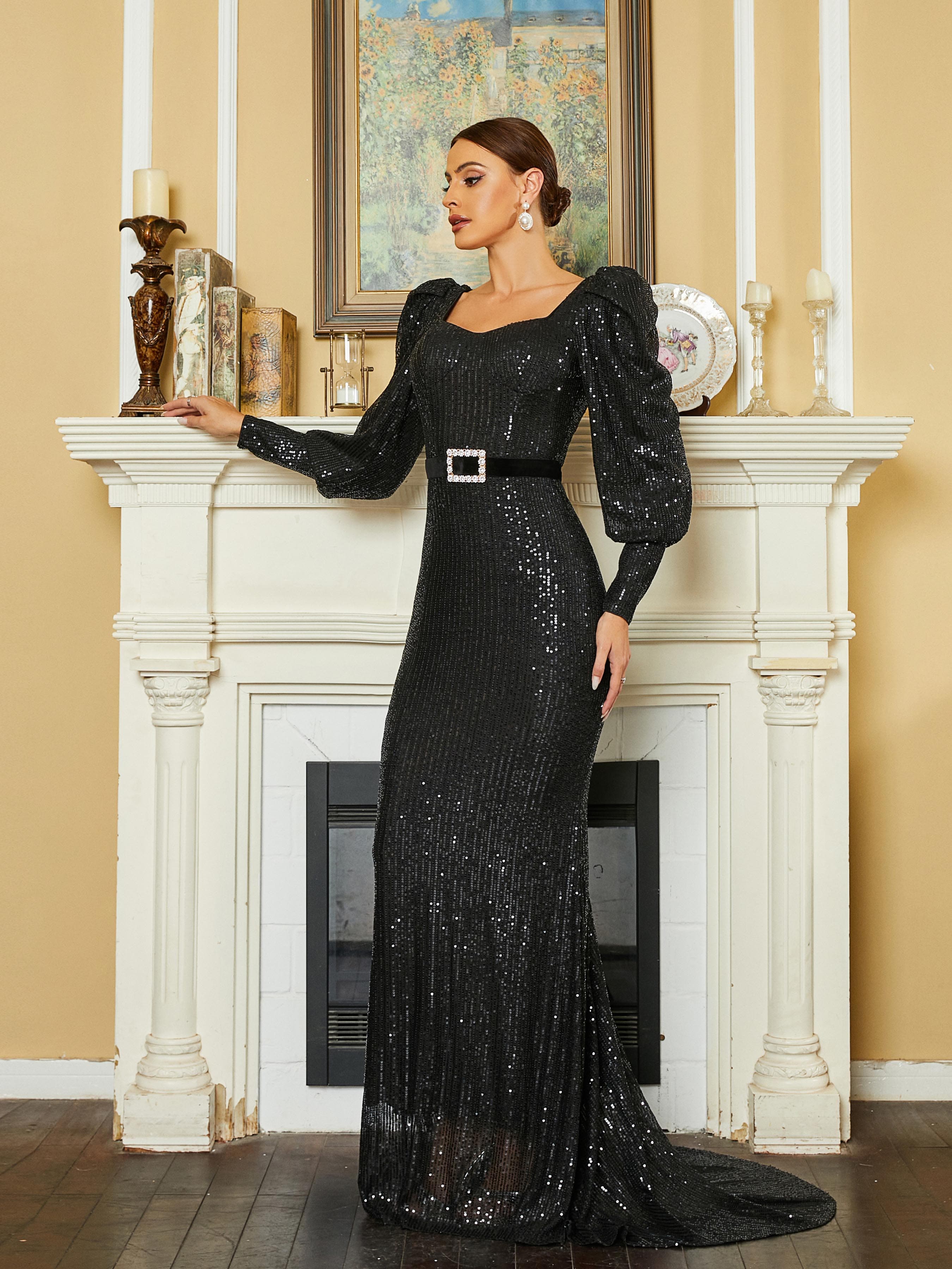 Sweetheart Neck Belt Sequin Black Evening Dress XHP2144