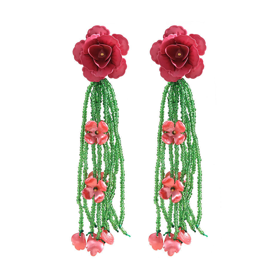 Alloy Lacquered Flower Rice Bead Tassel Earrings