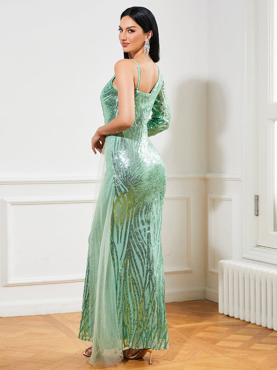 One Shoulder Sequins Draped Green Evening Dress XJ2306