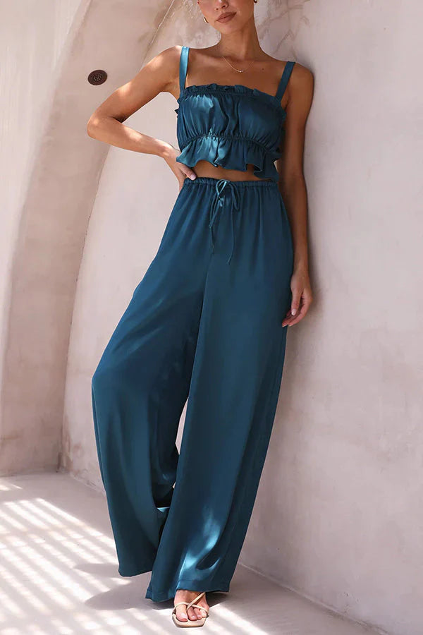 Always Sunny Satin Ruffle Elasticated Top Pant Suits