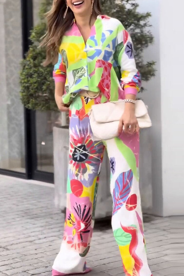 Colorful Tropical Print Button Shirt and Elastic Waist Pocketed Pants Set