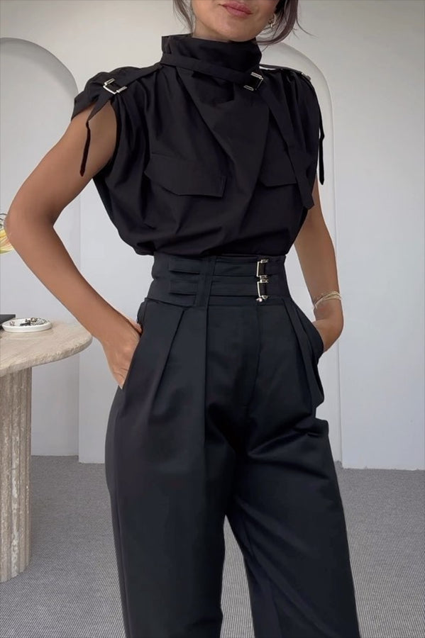 Statement Breast Pocket Top and Side Pocket Belt Long Pant Set