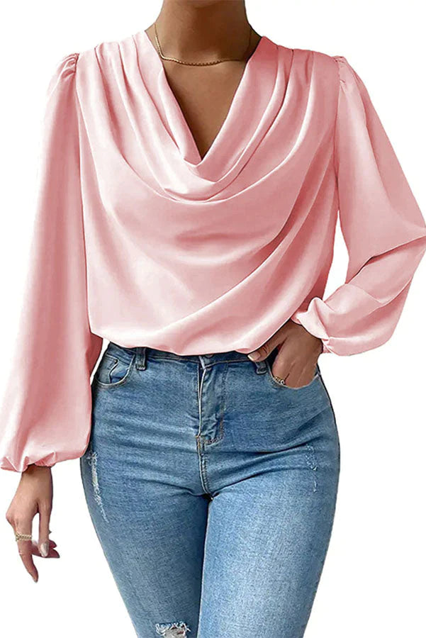 Maleah Satin Draped Collar Bishop Sleeve Blouse