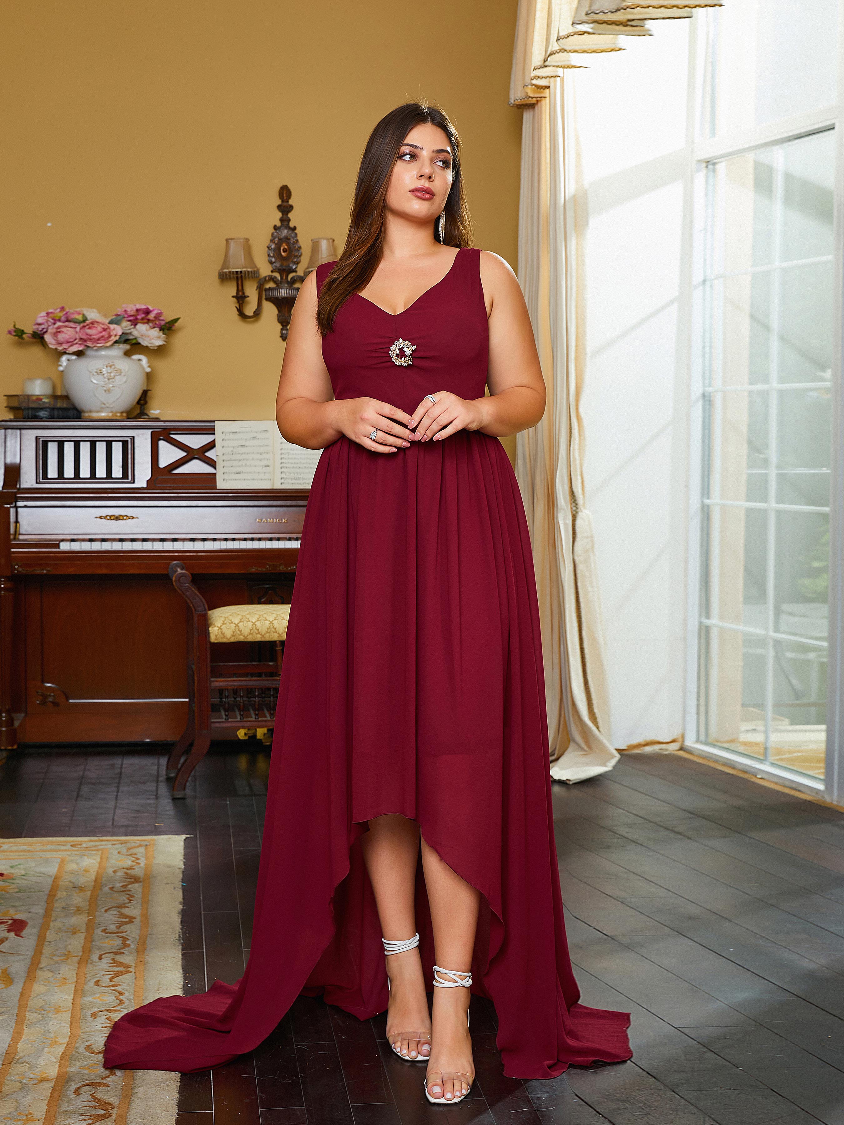 Plus Size V-Neck Backless A-line Sleeveless Evening Dress PRH30484