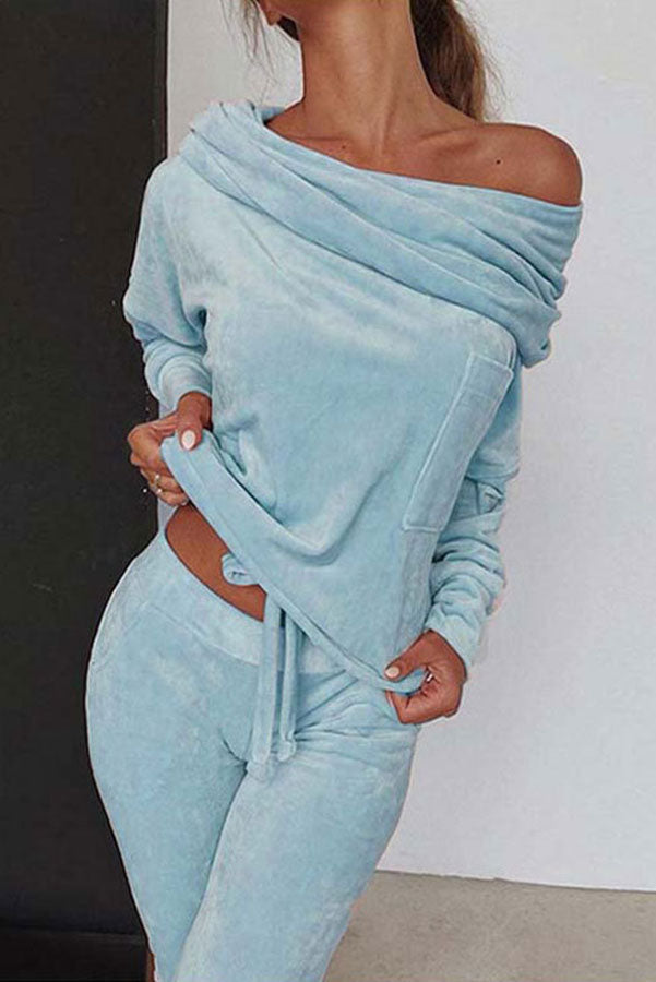 Comfy and Chic Velour Off Shoulder Pants Suit