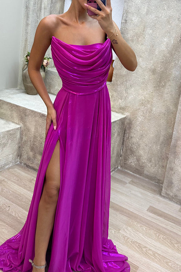 Golden Years Satin Cowl Neck Off Shoulder Pleated Drape Slit Maxi Dress