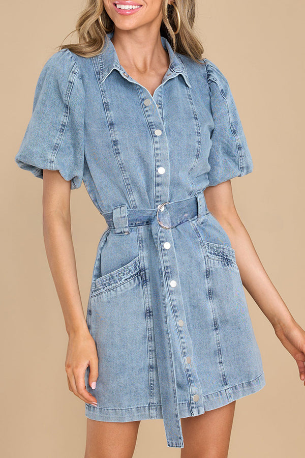 All about Love Light Wash Denim Pocketed Belt Mini Dress