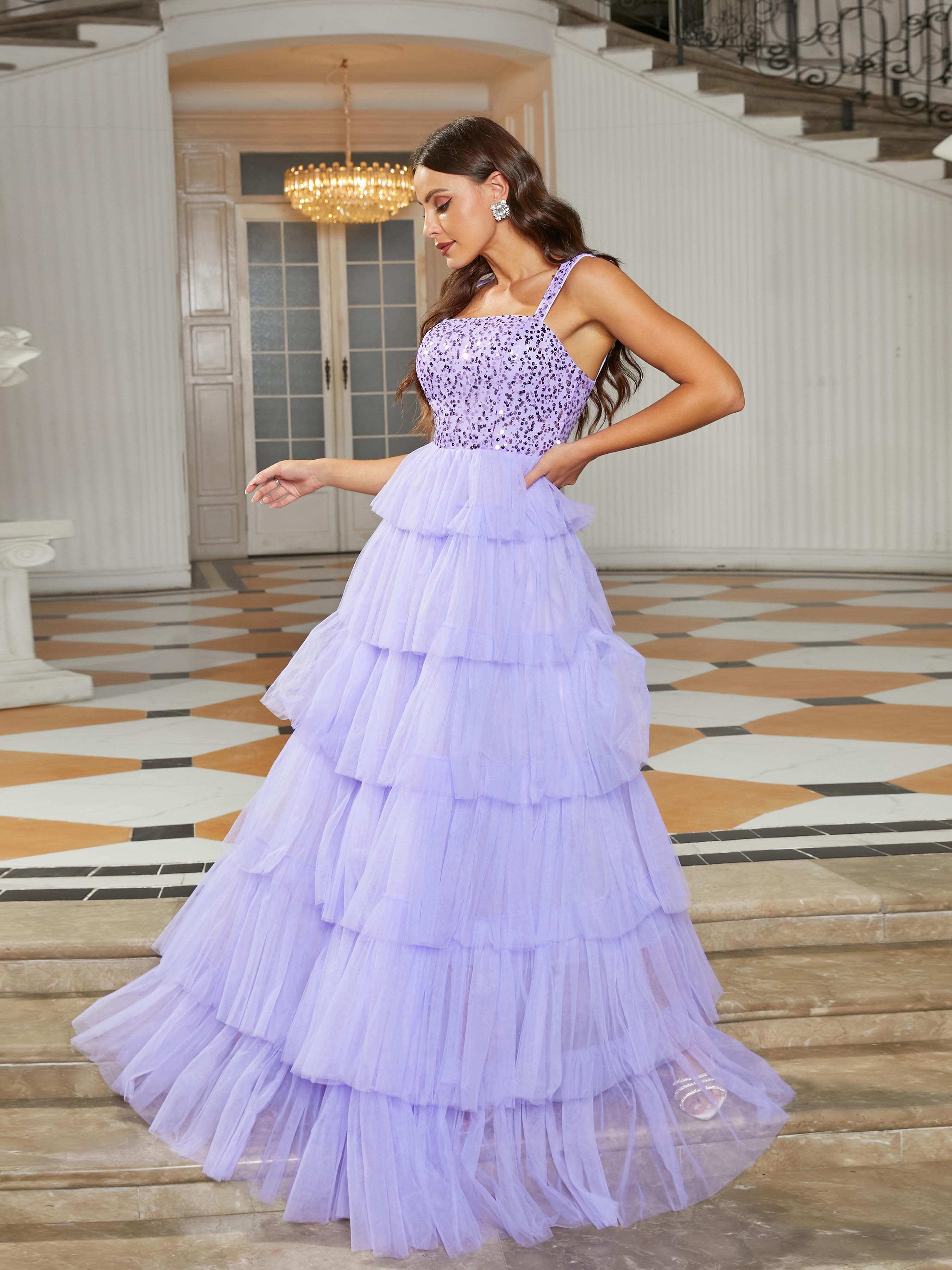 Formal Square Neck A-Line Mesh Purple Ball Gown RJ10686