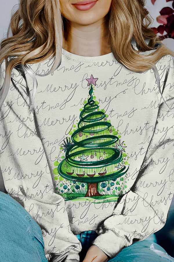 Printed Christmas Contrast Color Long Sleeve Pullover Sweatshirt