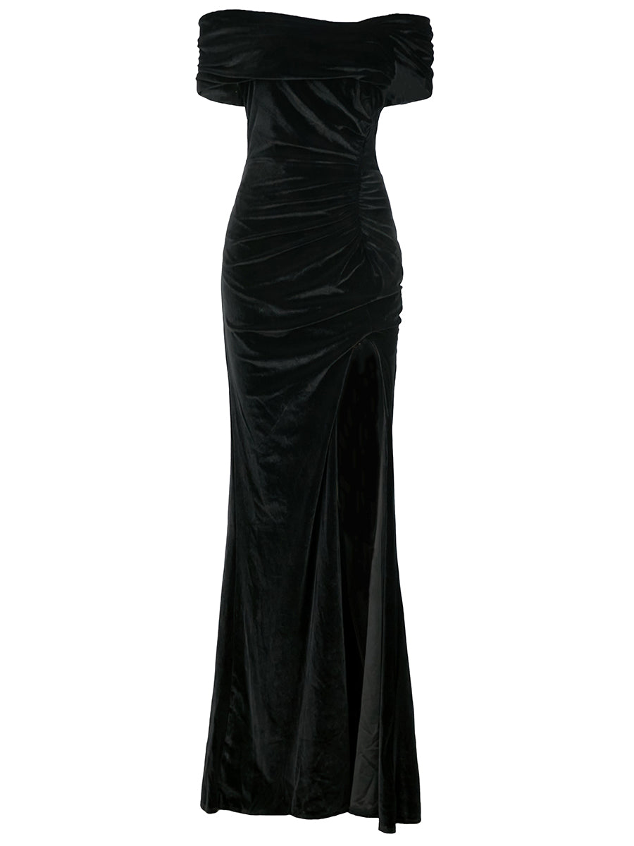 Off The Shoulder Velvet Sexy Black Prom Dress XH2323