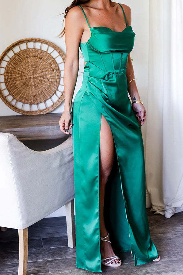 Timeless Luxurious Feel Satin Corset Cowl Bust Slit Maxi Dress