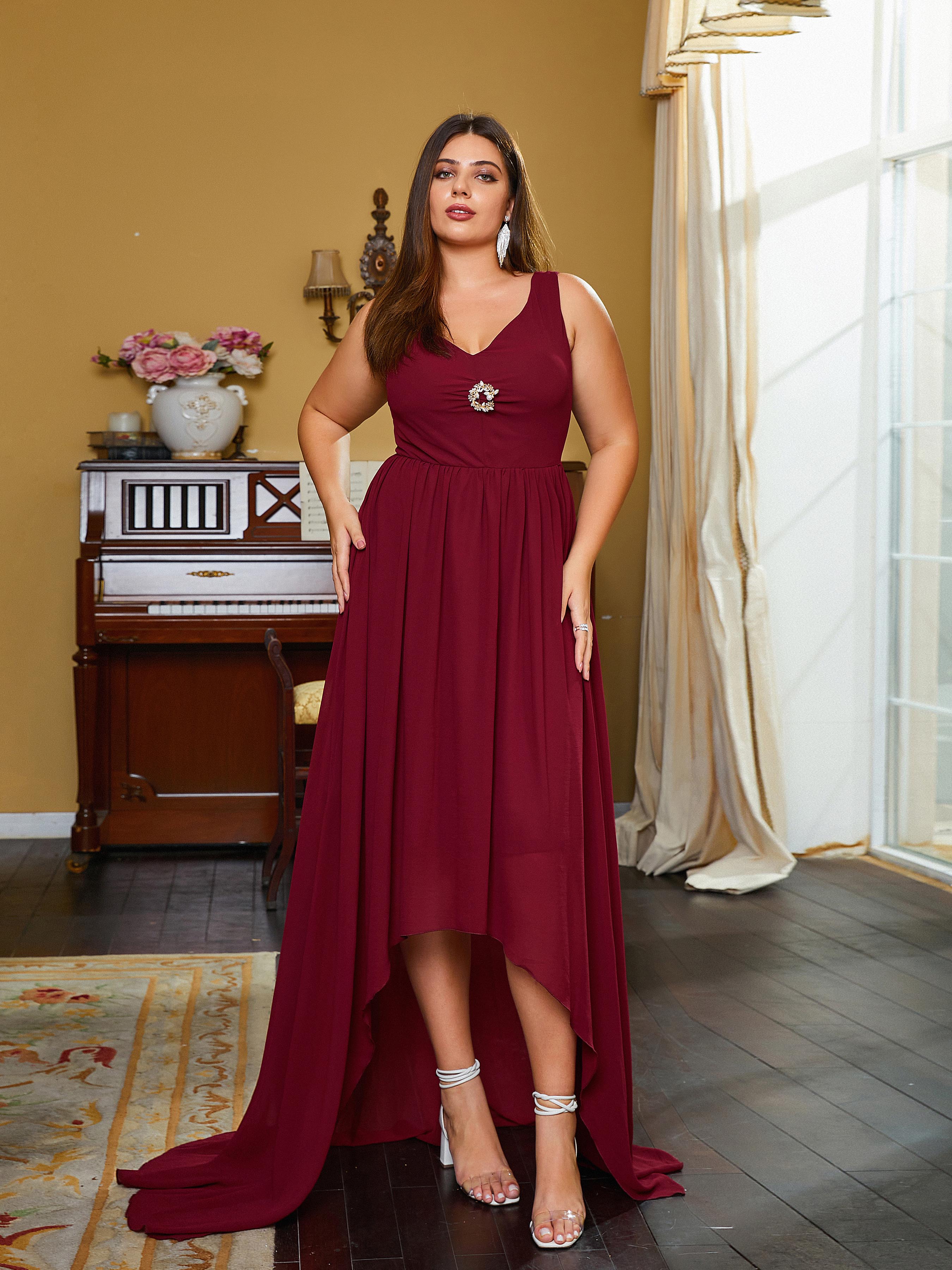 Plus Size V-Neck Backless A-line Sleeveless Evening Dress PRH30484