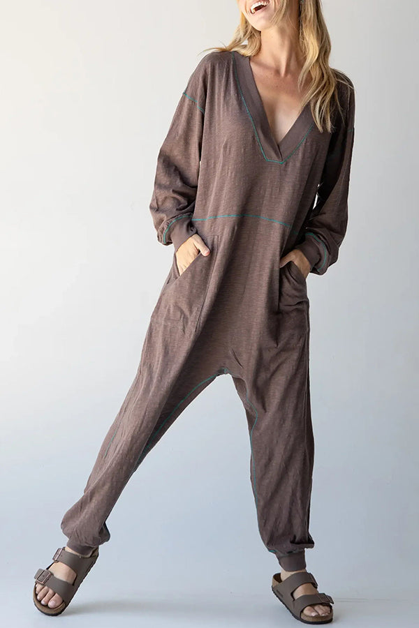 Home or Traveling Cotton Blend Long Sleeve Pocketed Loose Jumpsuit