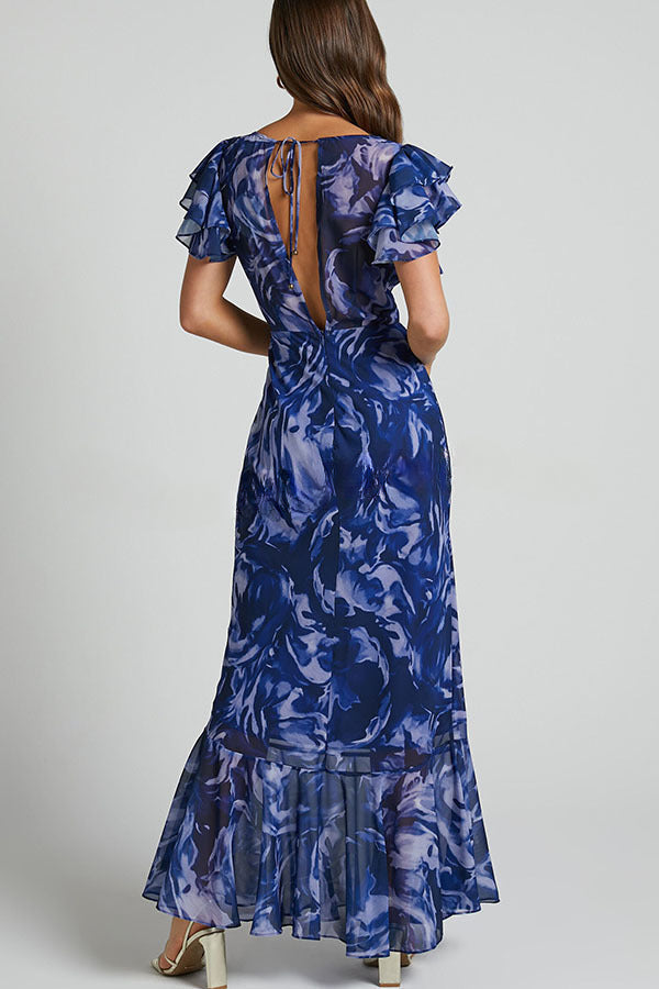 Lover By Day Swirl Pattern Flutter Sleeve Maxi Dress