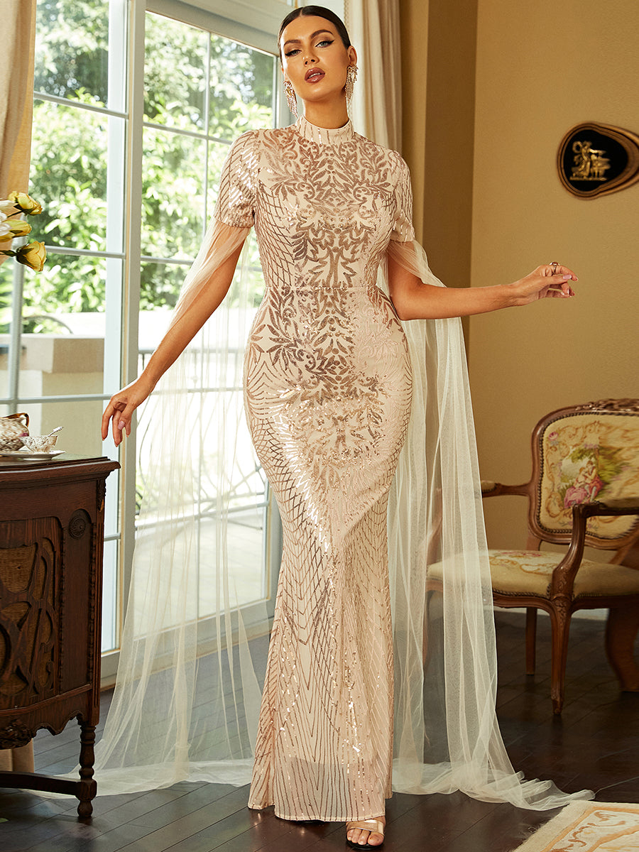 Drape Sleeve Mermaid Sequin Gold Prom Dress XH2241