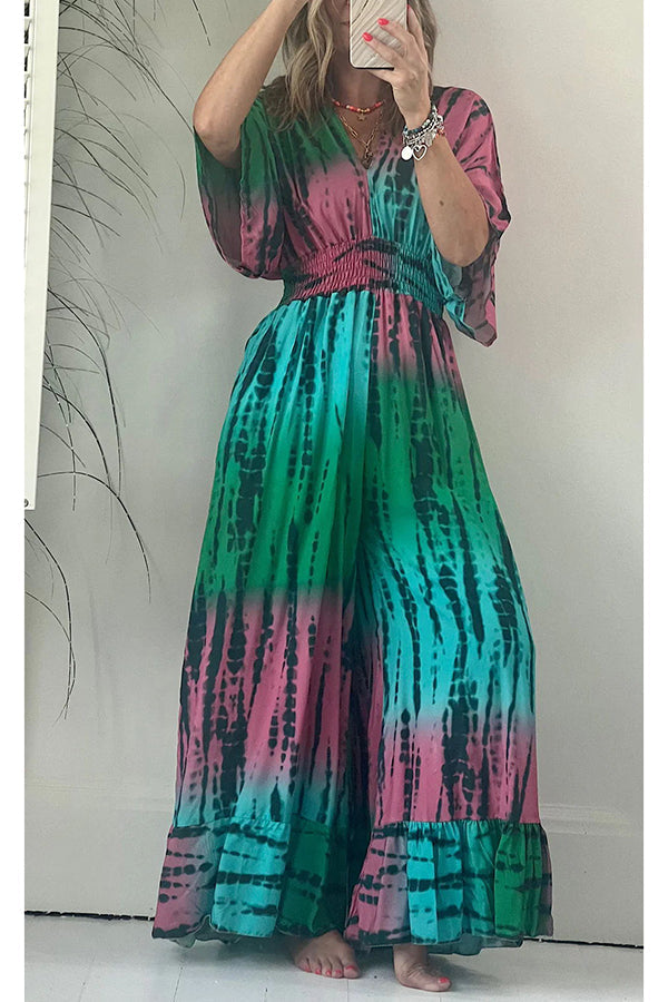 Candis Tie-dye Print Kimono Sleeve Pocketed Smoked Waist Wide Leg Jumpsuit