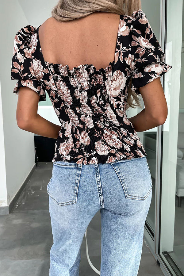 Weekly Plan Floral Puff Sleeve Smocked Back Top