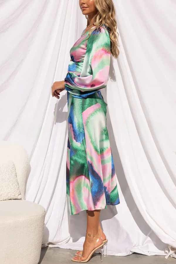 Own The Evening Satin Neon Print Cutout Midi Dress