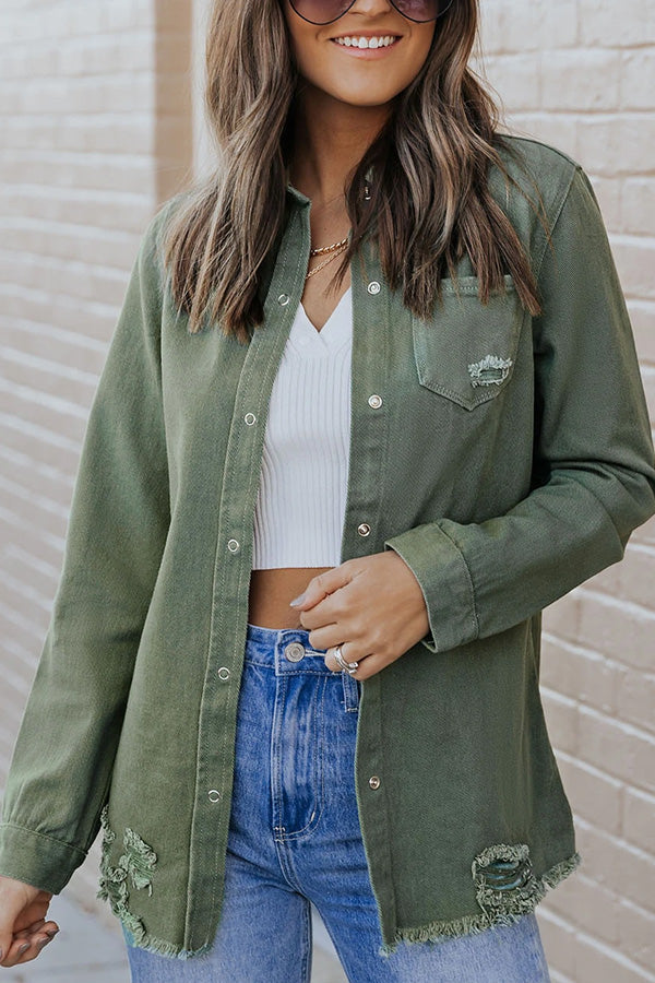 Casual Ripped Raw Hem Button Up Denim Shacket