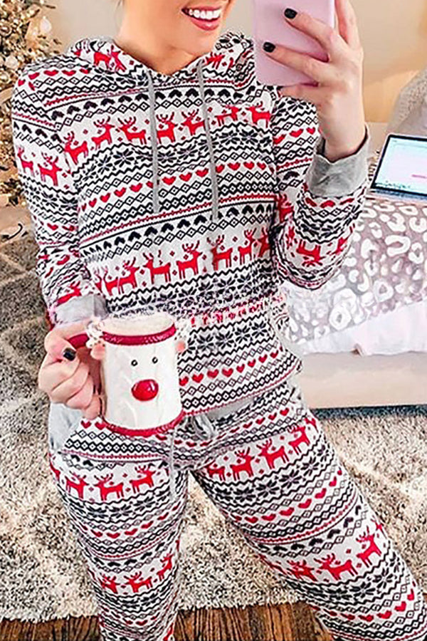 Christmas Plaid Print Hooded Drawstring Pockets Elastic Waist Pants Set