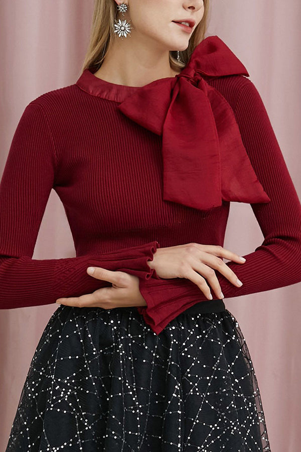 Fancy with Ribbed Knit Bowknot Neck Bell Sleeve Top