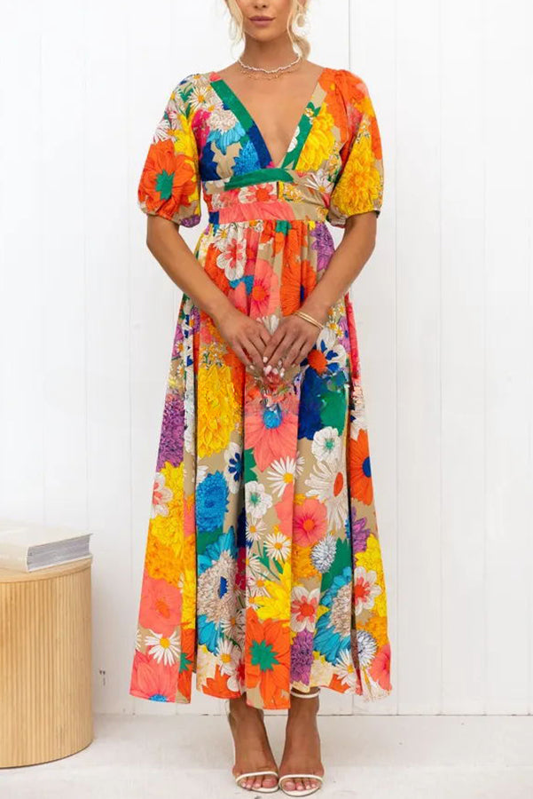 Floral Frenzy Printed Puff Sleeve Back Smocked Maxi Dress