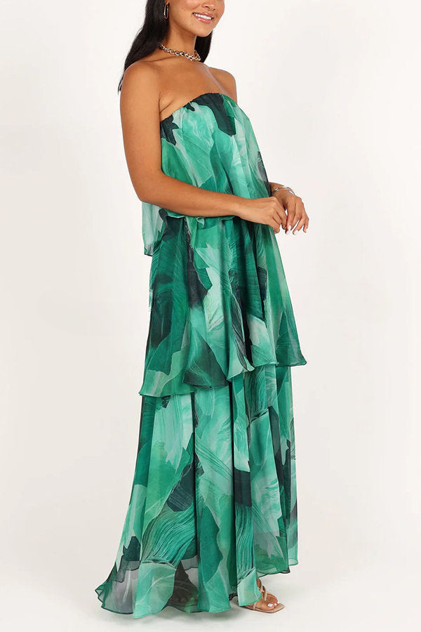 Sweet and Charming Printed Strapless Drop Tiered Ruffle Maxi Dress