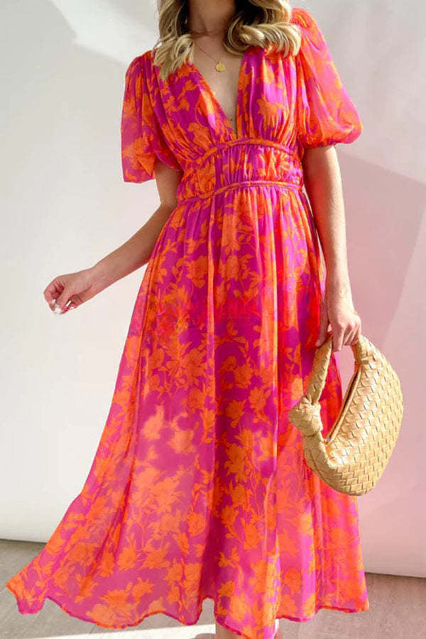 V Neck Multi Print Stretch Waist Hidden Zip Maxi Dress